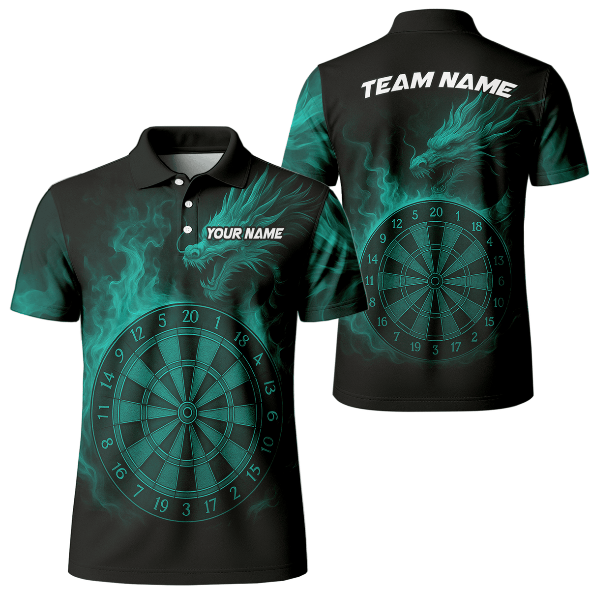 Custom Dragon Teal Flames Dart Polo Shirt Black For Men Z1928 main image - polo No