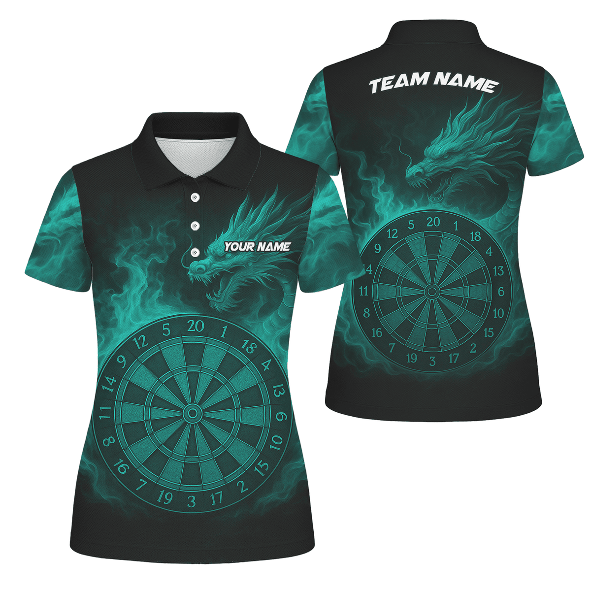 Custom Dragon Teal Flames Dart Polo Shirt Black For Women Z1928 main image - polo No