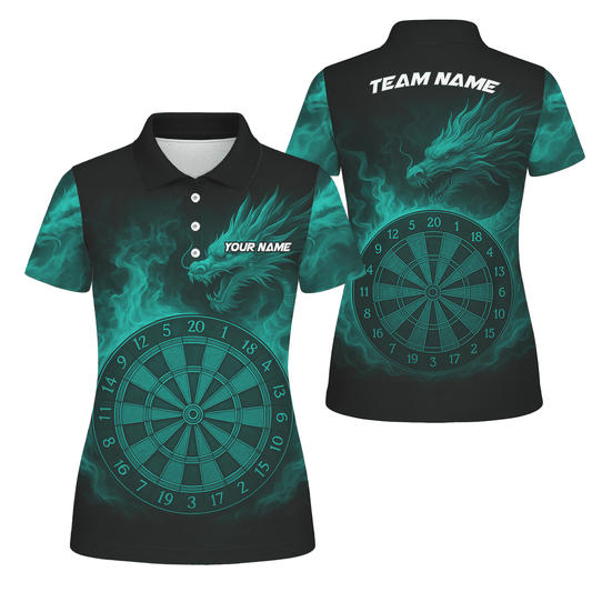 Custom Dragon Teal Flames Dart Polo Shirt Black For Women Z1928 main image - polo No