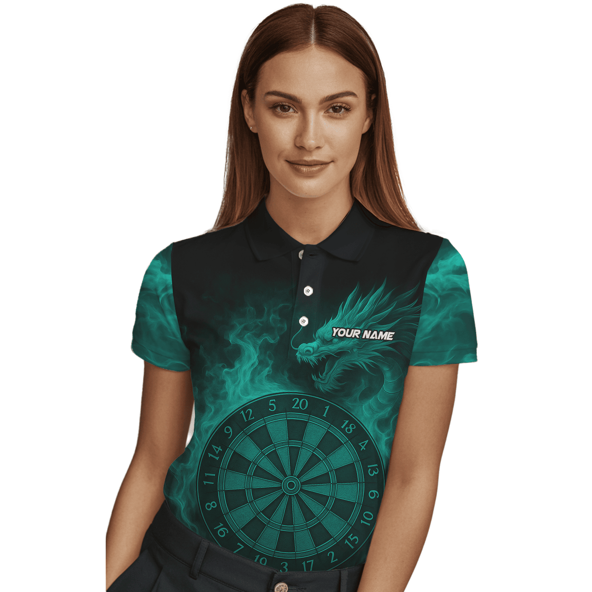 Custom Dragon Teal Flames Dart Polo Shirt Black For Women Z1928 additional image 3