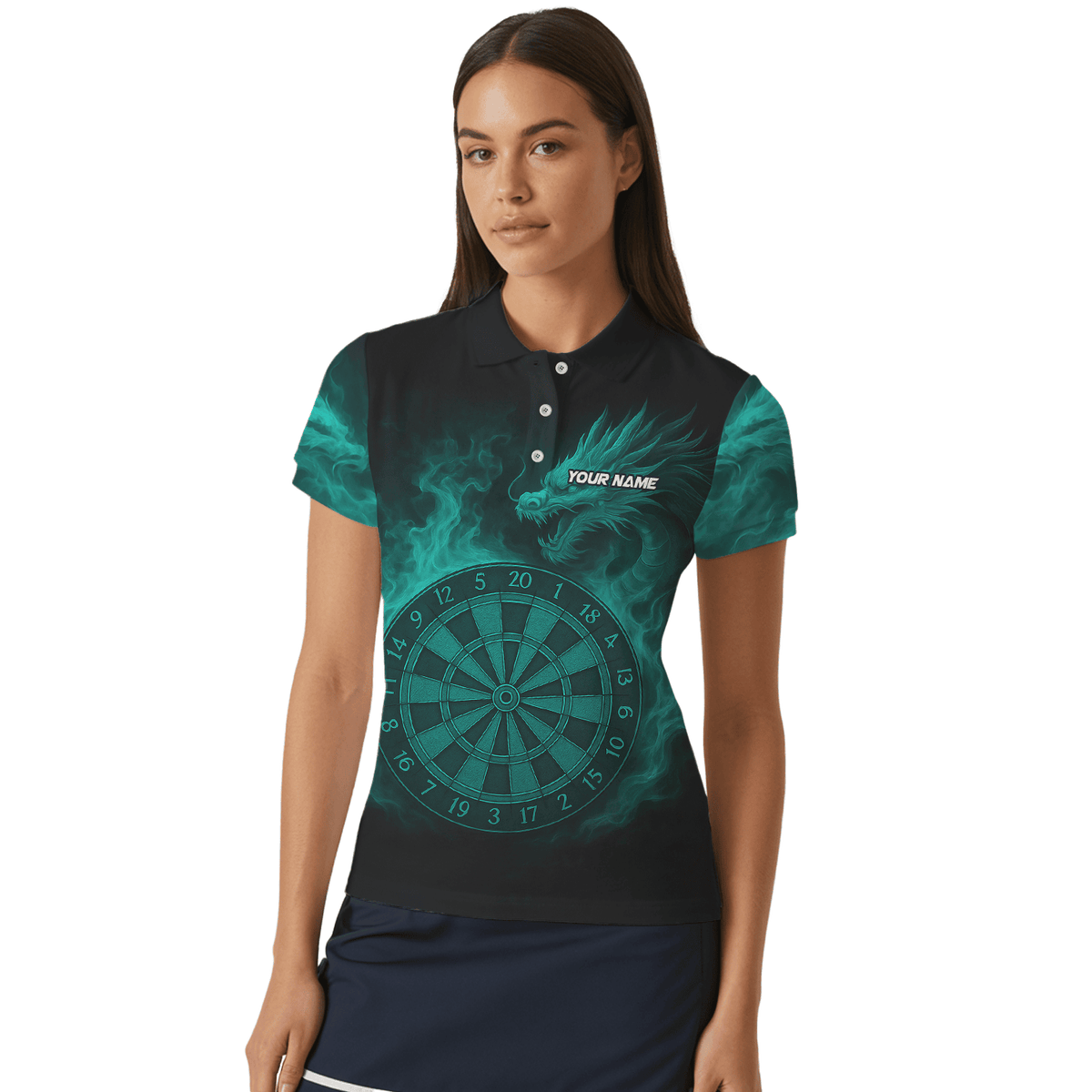 Custom Dragon Teal Flames Dart Polo Shirt Black For Women Z1928 additional image 4