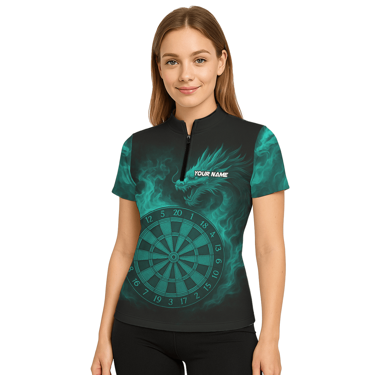 Custom Dragon Teal Flames Dart Polo Shirt Black For Women Z1928 additional image 5