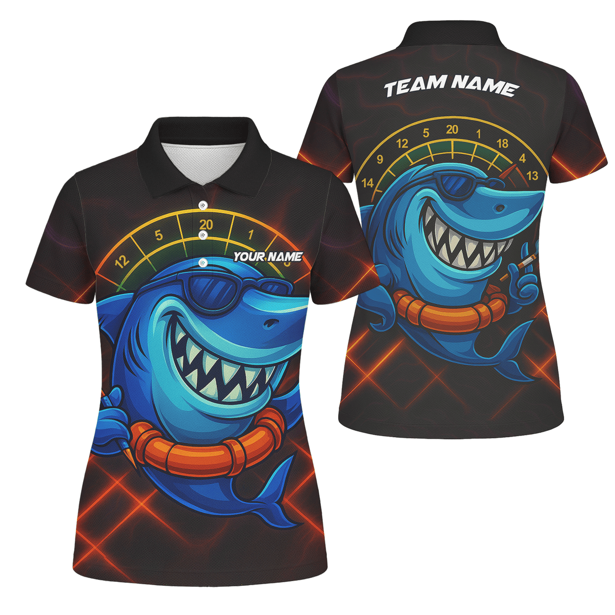 Personalized Cartoon Shark Dart Jersey Custom Name Team Polo Shirt Black Blue For Women L1234 main image - polo No