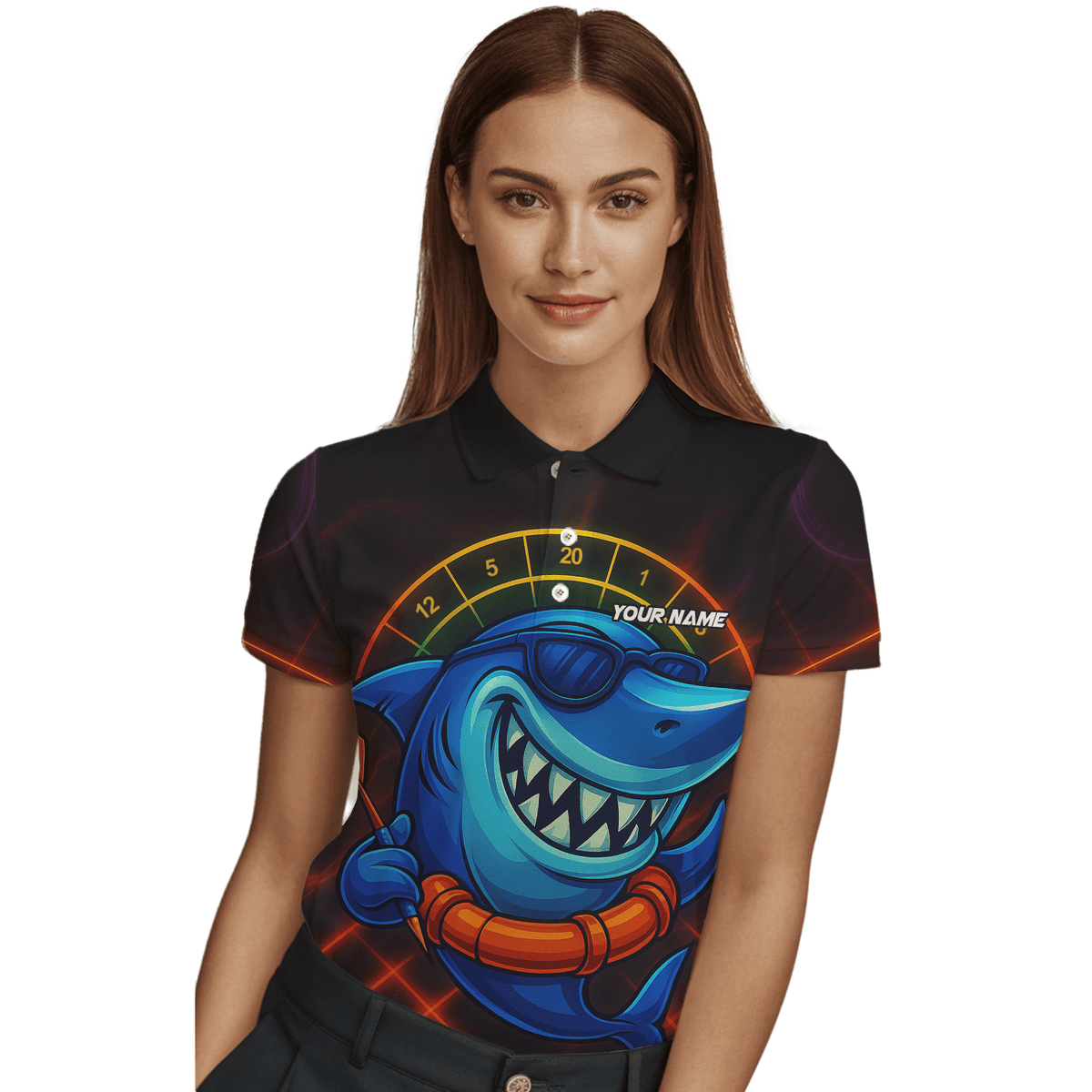 Personalized Cartoon Shark Dart Jersey Custom Name Team Polo Shirt Black Blue For Women L1234 additional image 3