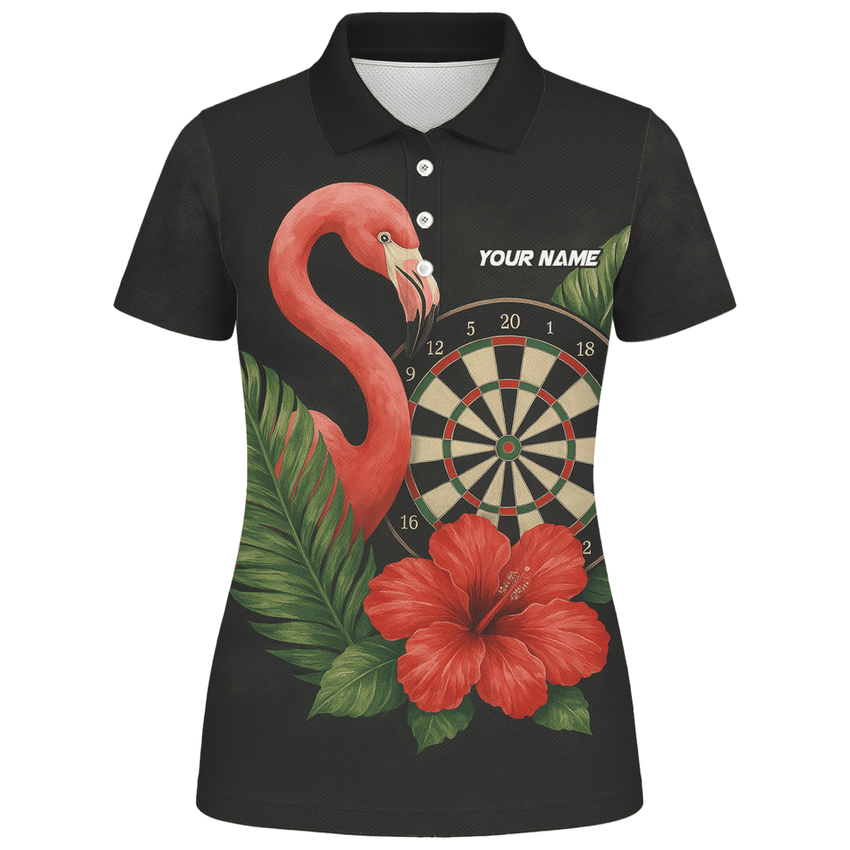 Personalized Flamingo Tropical Darts Polo Shirt Red Hibiscus Black For Women V4228 additional image 1