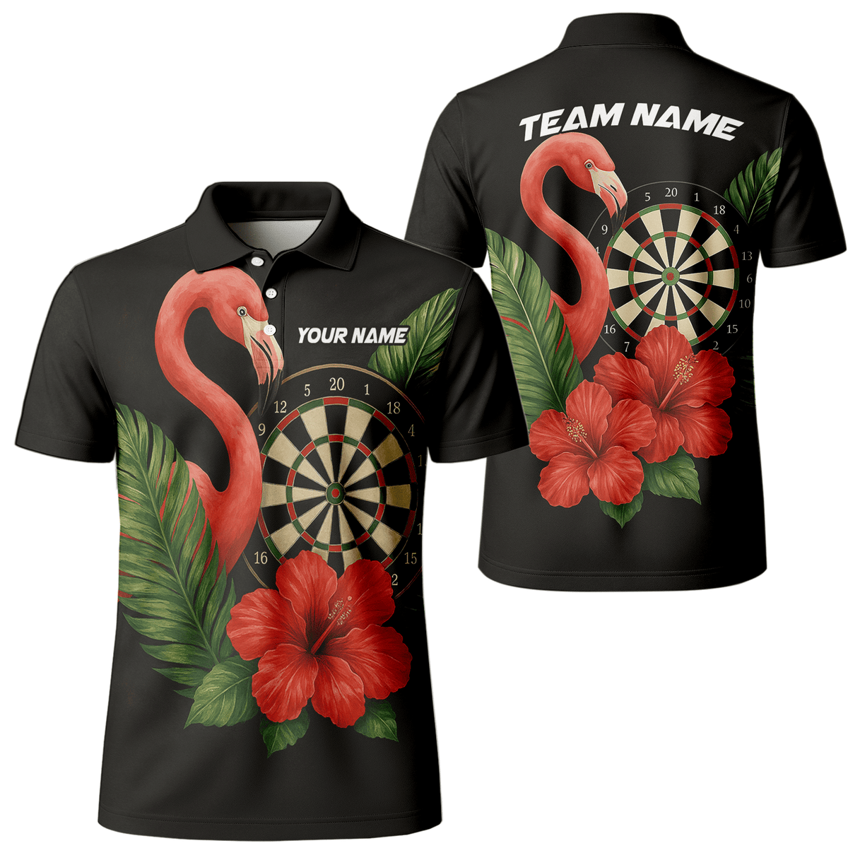 Personalized Flamingo Tropical Darts Polo Shirt Red Hibiscus Black For Men V4228 main image - polo No