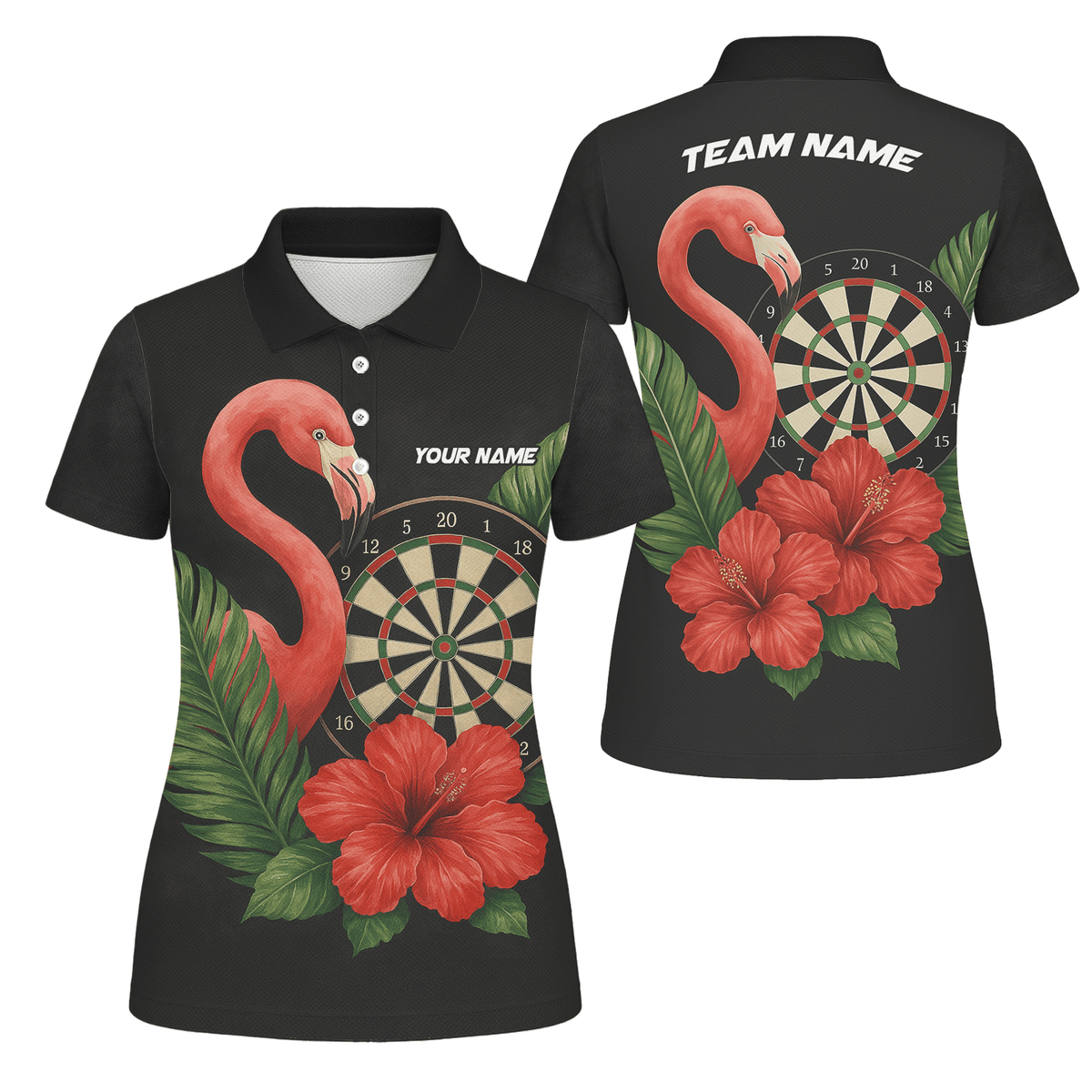 Personalized Flamingo Tropical Darts Polo Shirt Red Hibiscus Black For Women V4228 main image - polo No
