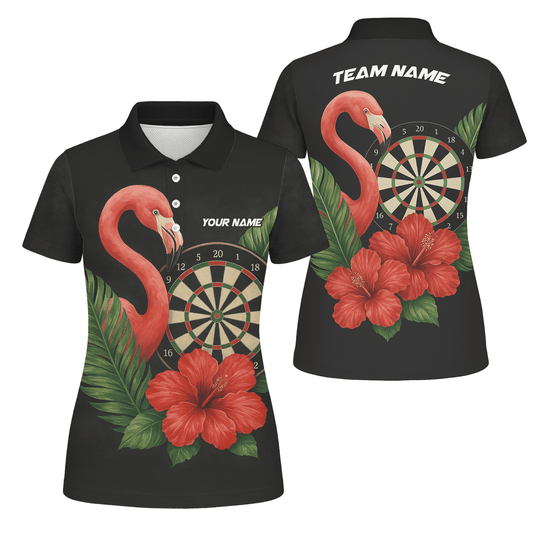 Personalized Flamingo Tropical Darts Polo Shirt Red Hibiscus Black For Women V4228 main image - polo No