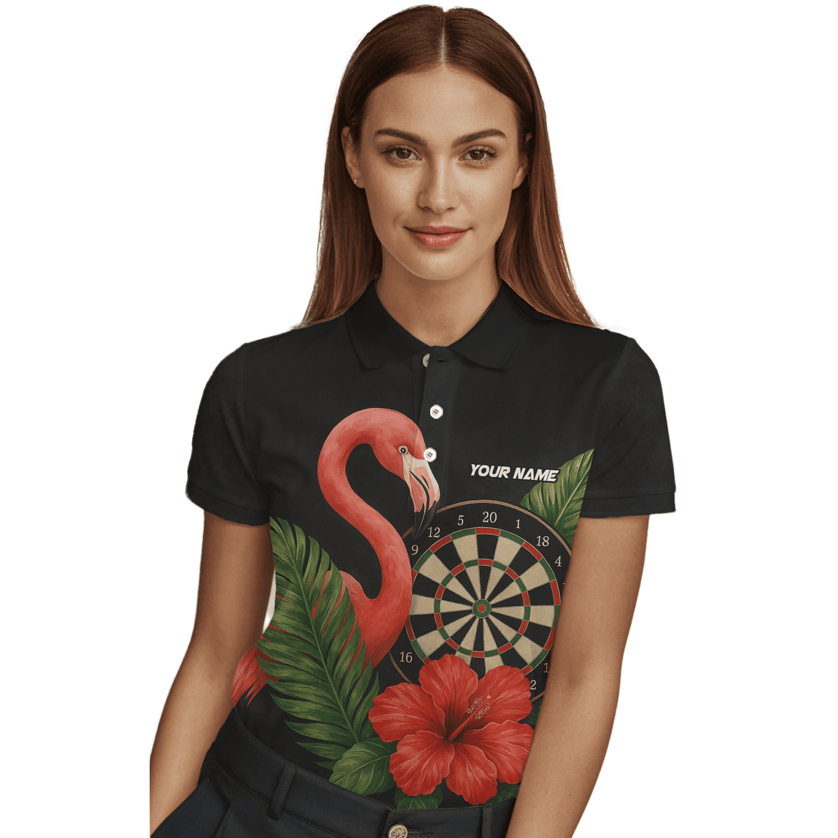 Personalized Flamingo Tropical Darts Polo Shirt Red Hibiscus Black For Women V4228 additional image 3