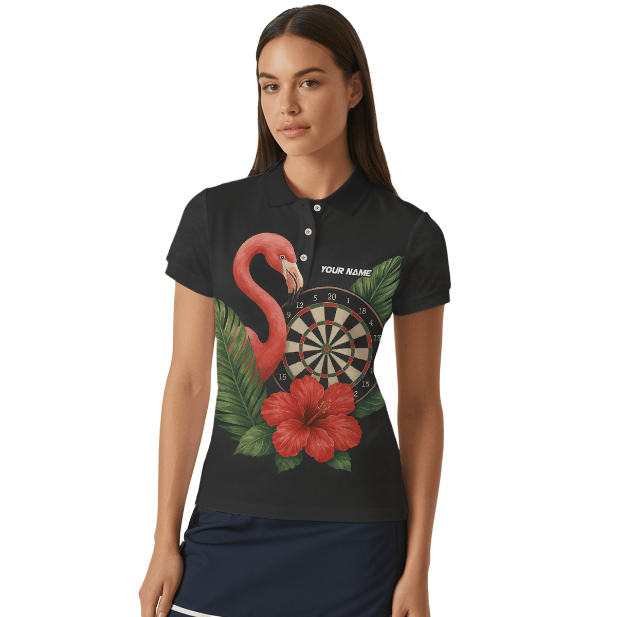 Personalized Flamingo Tropical Darts Polo Shirt Red Hibiscus Black For Women V4228 additional image 4