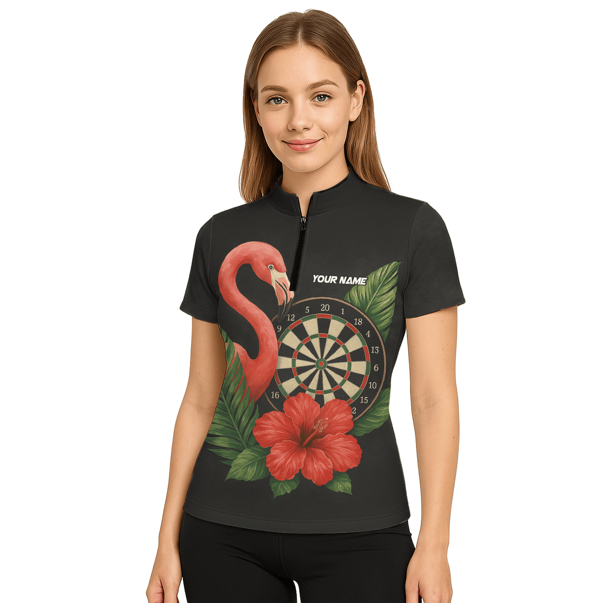 Personalized Flamingo Tropical Darts Polo Shirt Red Hibiscus Black For Women V4228 additional image 5