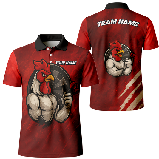 Personalized Funny Rooster Dart Polo Shirt Custom Team Name Red Black main image - polo, Pocket No