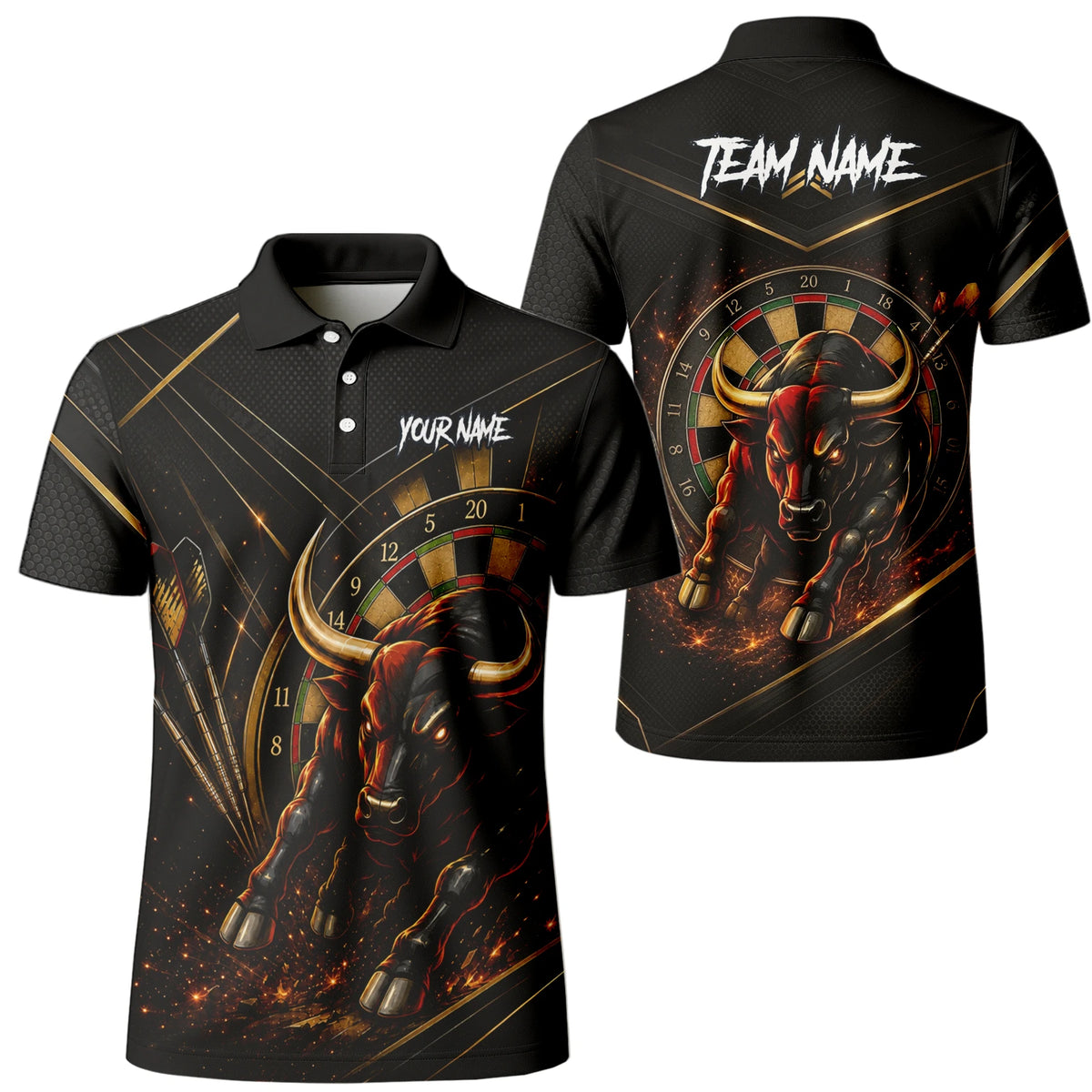 Personalised Black & Gold Bull Darts Polo Shirt For Men K607