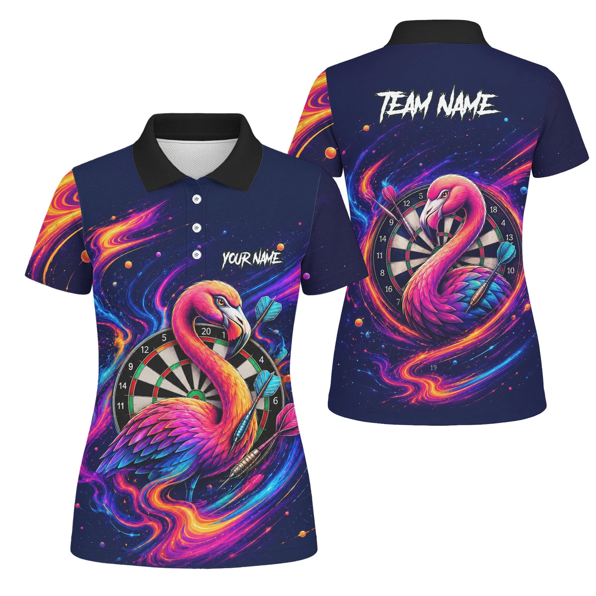 Personalised Neon Flamingo Galaxy Darts Polo Shirt For Women D064