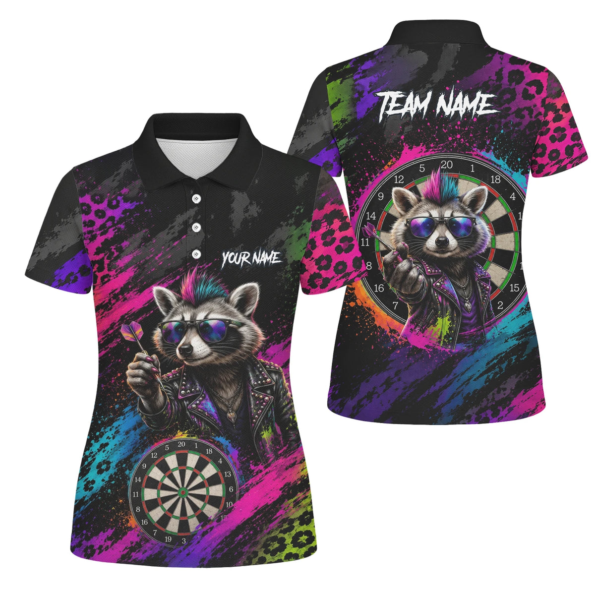 Personalised Black Multicolour Punk Raccoon Dartboard Darts Shirt For Women E164