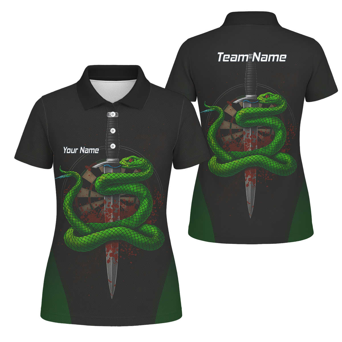Personalised Green Snake Dagger Darts Polo Shirt Blood Splatter Black For Men G2717 main image - polo No