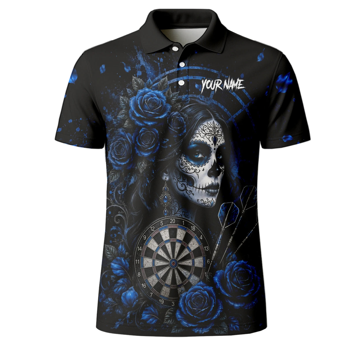 Personalised Black & Blue Sugar Skull Roses Darts Shirt For Men I884