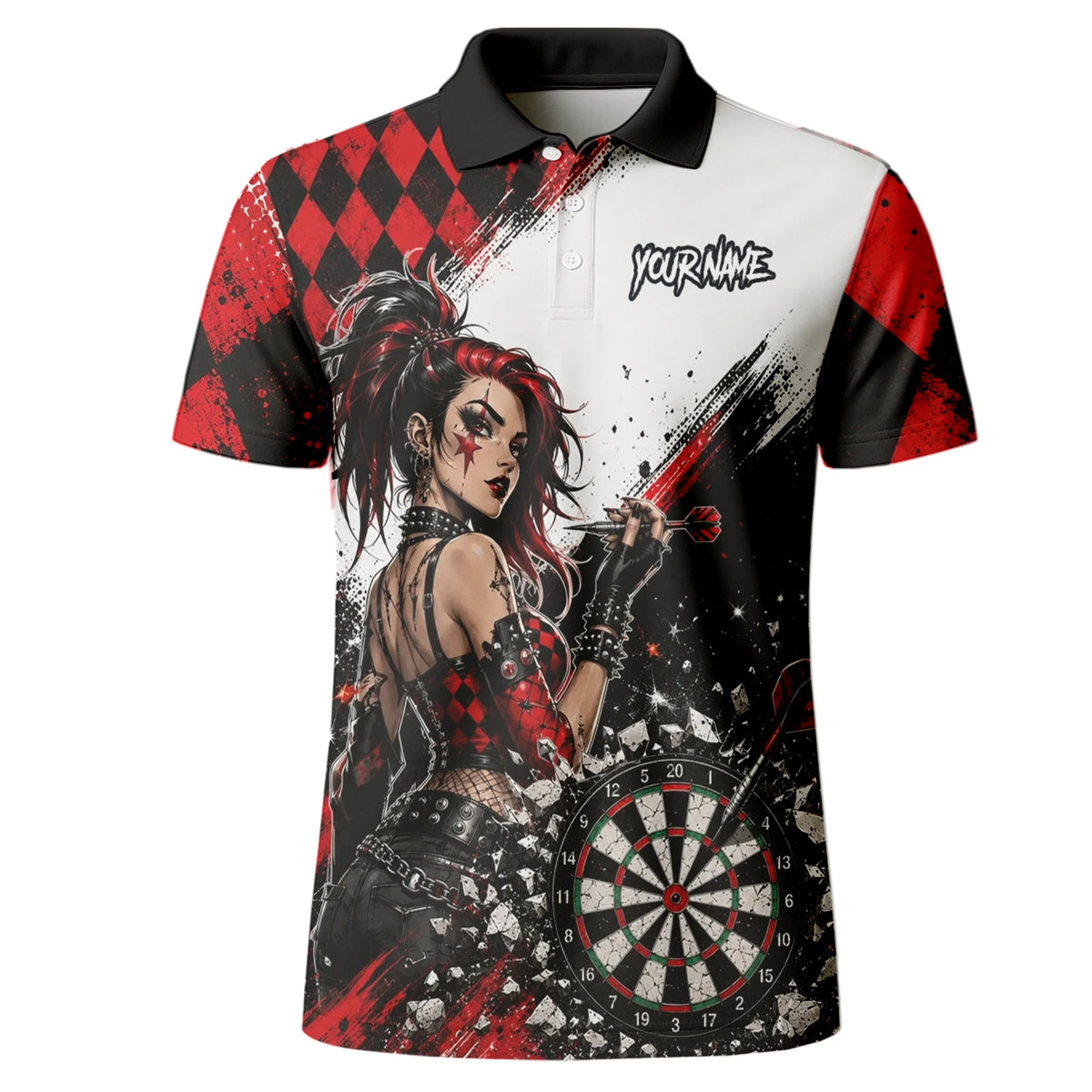 Personalised Red & Black Gothic Harlequin Darts Polo Shirt For Men K572