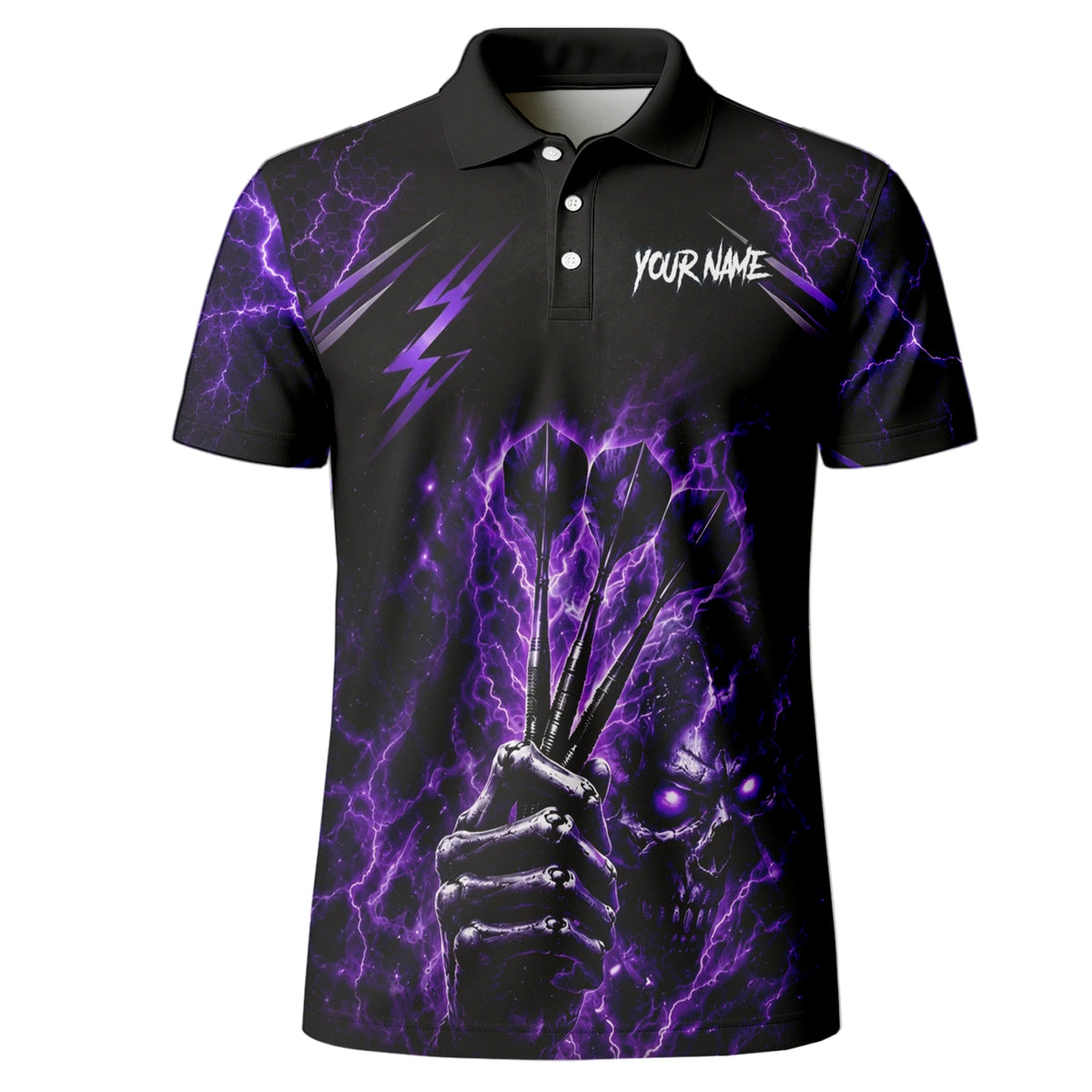 Personalised Black & Purple Lightning Skeleton Hand Darts Shirt For Men H822