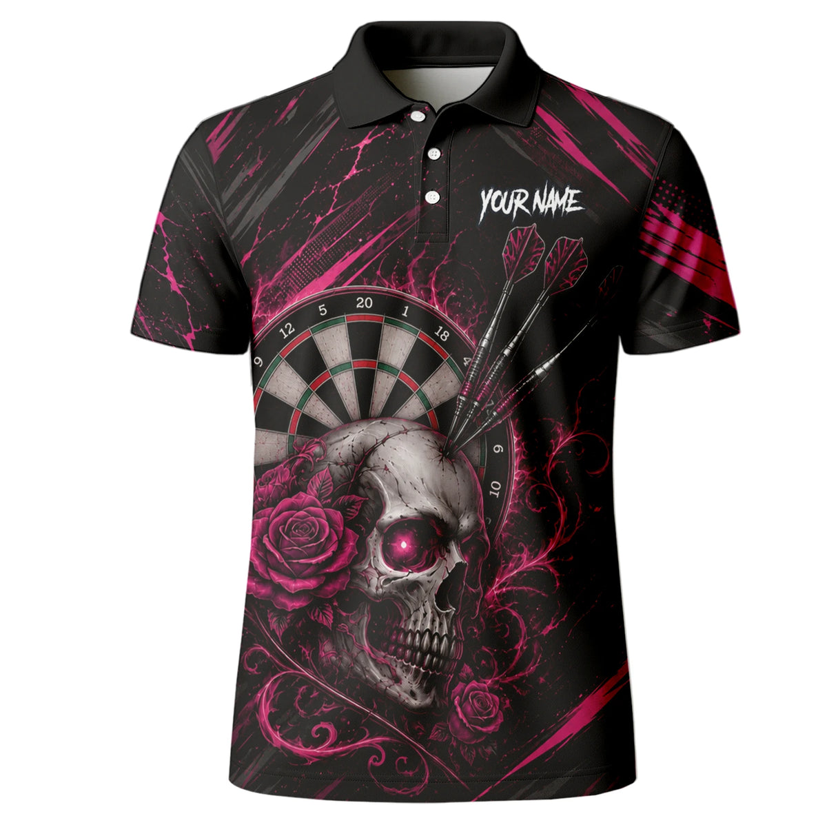 Personalised Black & Pink Skull and Roses Darts Shirt For Men V308