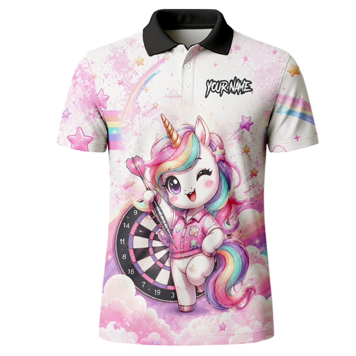 Personalised Pink & White Rainbow Unicorn Darts Shirt For Men F188