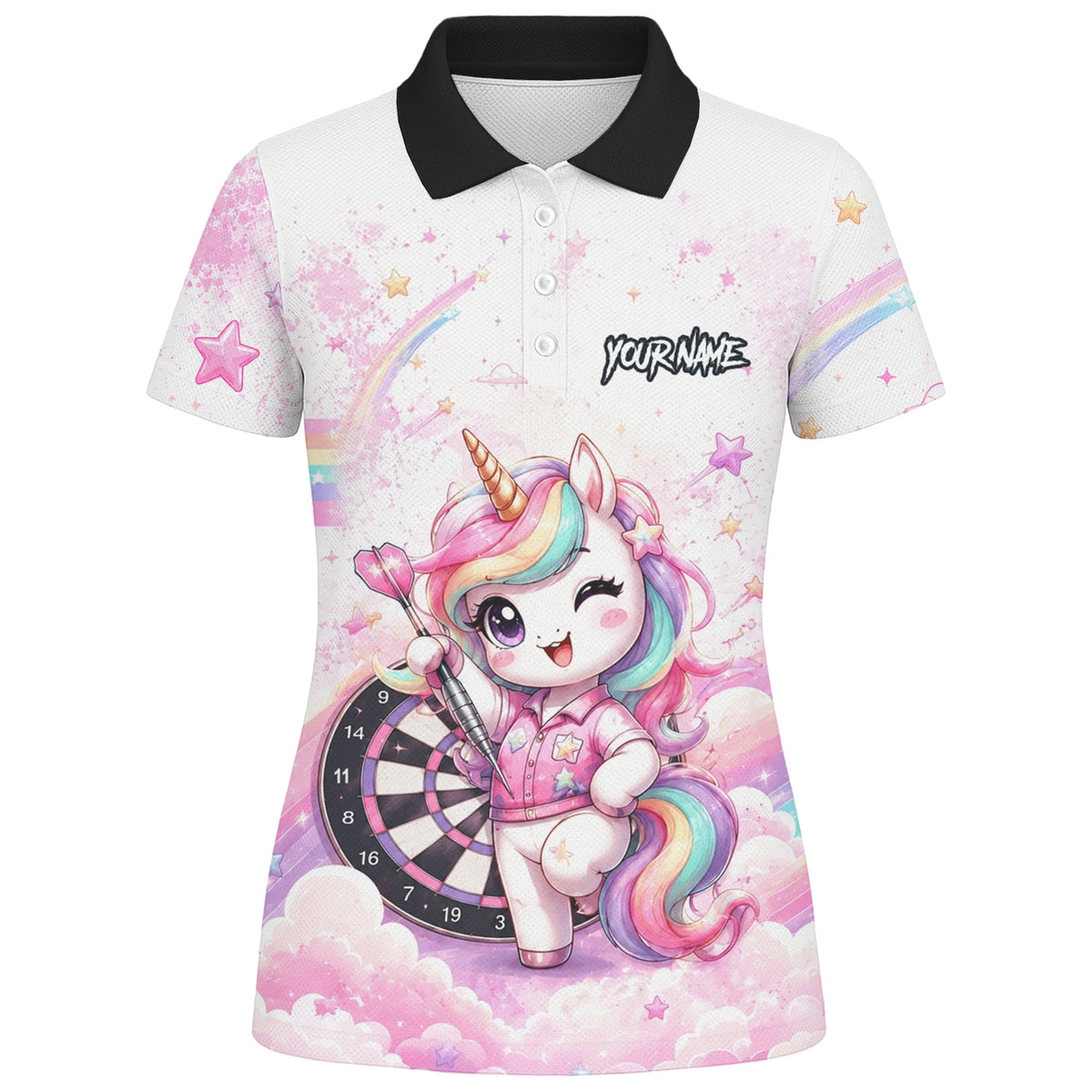 Personalised Pink & White Rainbow Unicorn Darts Shirt For Women F188