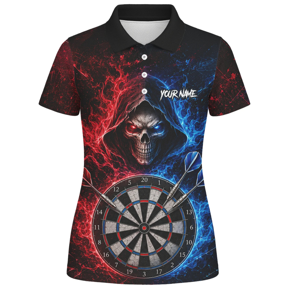 Personalised Red & Blue Split Skull Darts Polo Shirt For Women L857