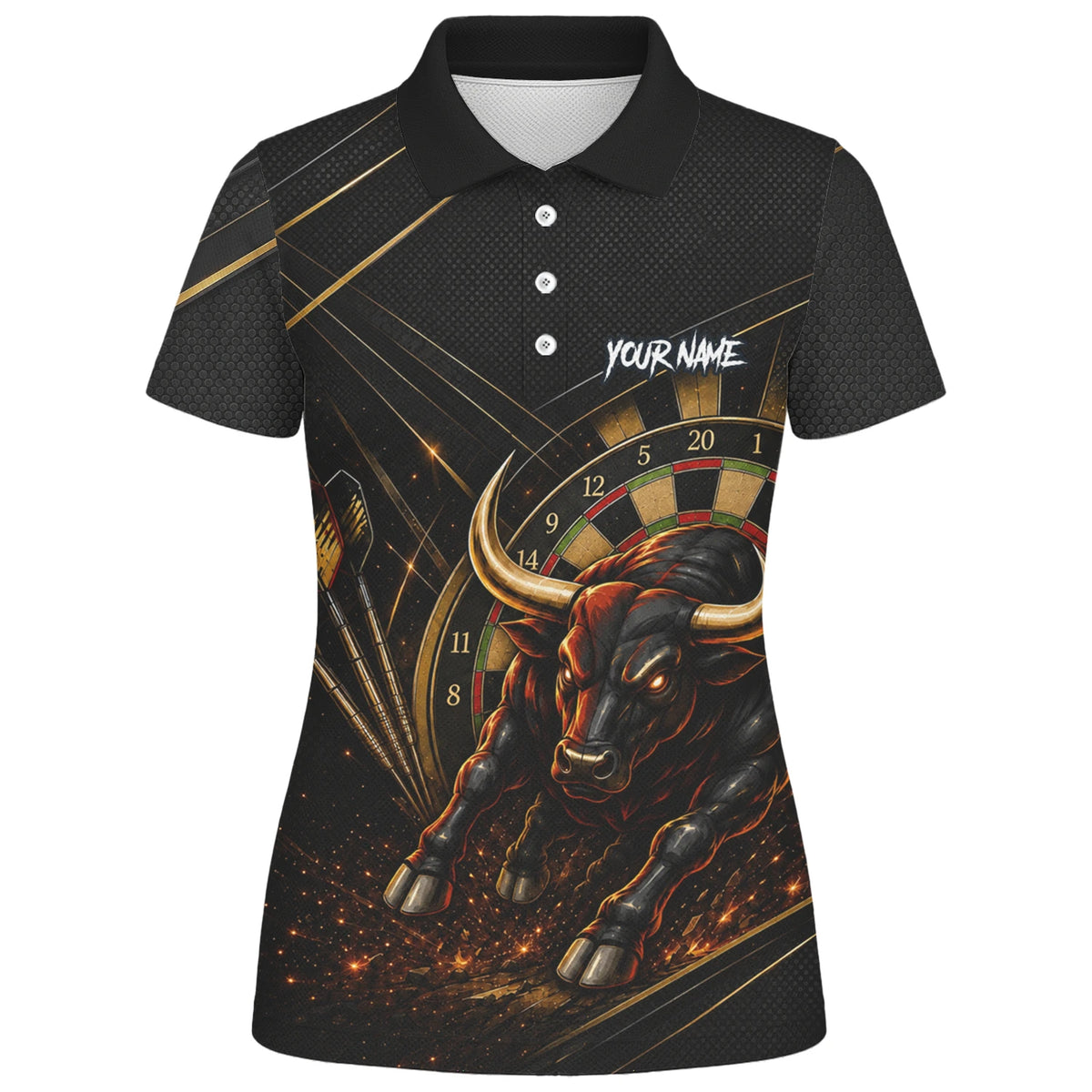 Personalised Black & Gold Bull Darts Polo Shirt For Women K607