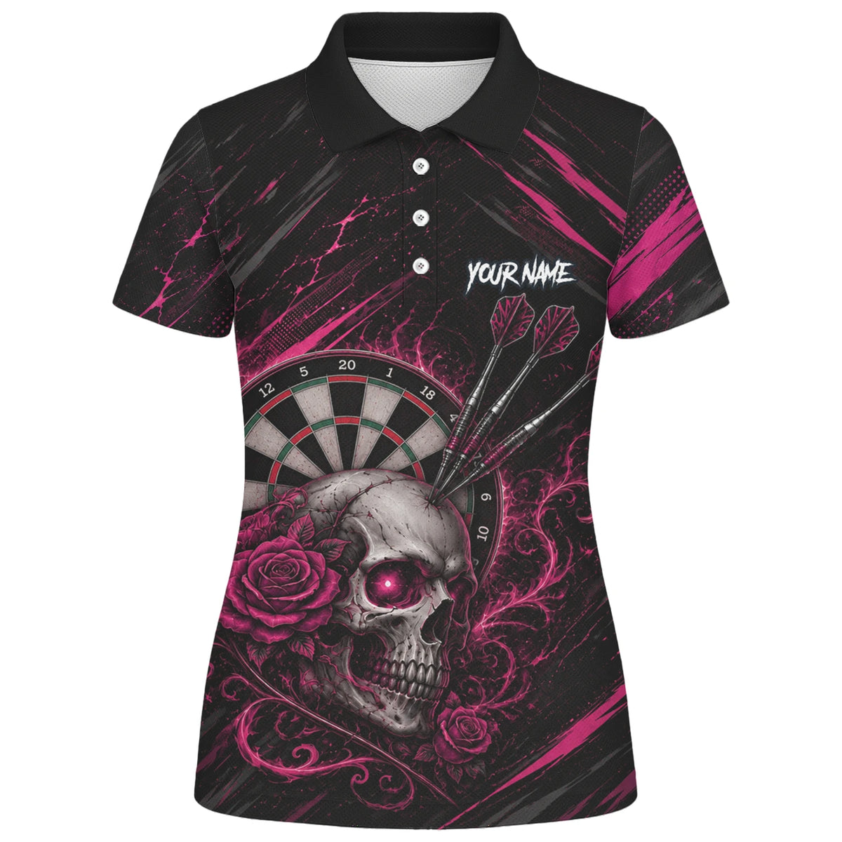 Personalised Black & Pink Skull and Roses Darts Shirt For Women V308
