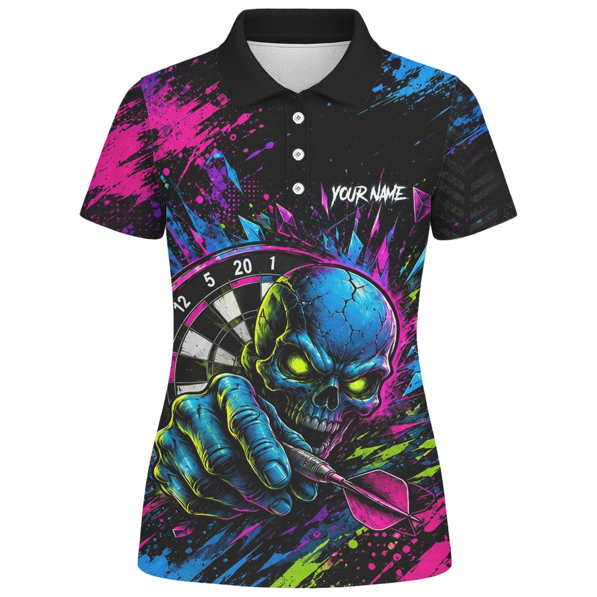 Personalised Neon Blue Green & Pink Skull Dartboard Darts Shirt For Women S232