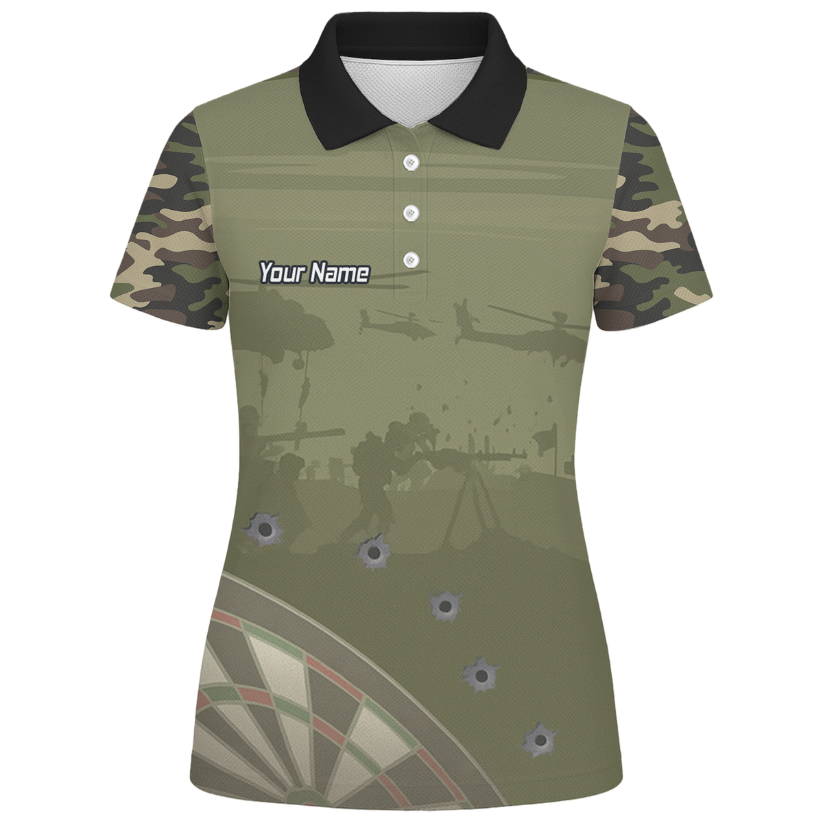 Personalised Warzone Camo Darts Polo Shirt Olive Green with Bullet Holes for Men N6504 additional image 1