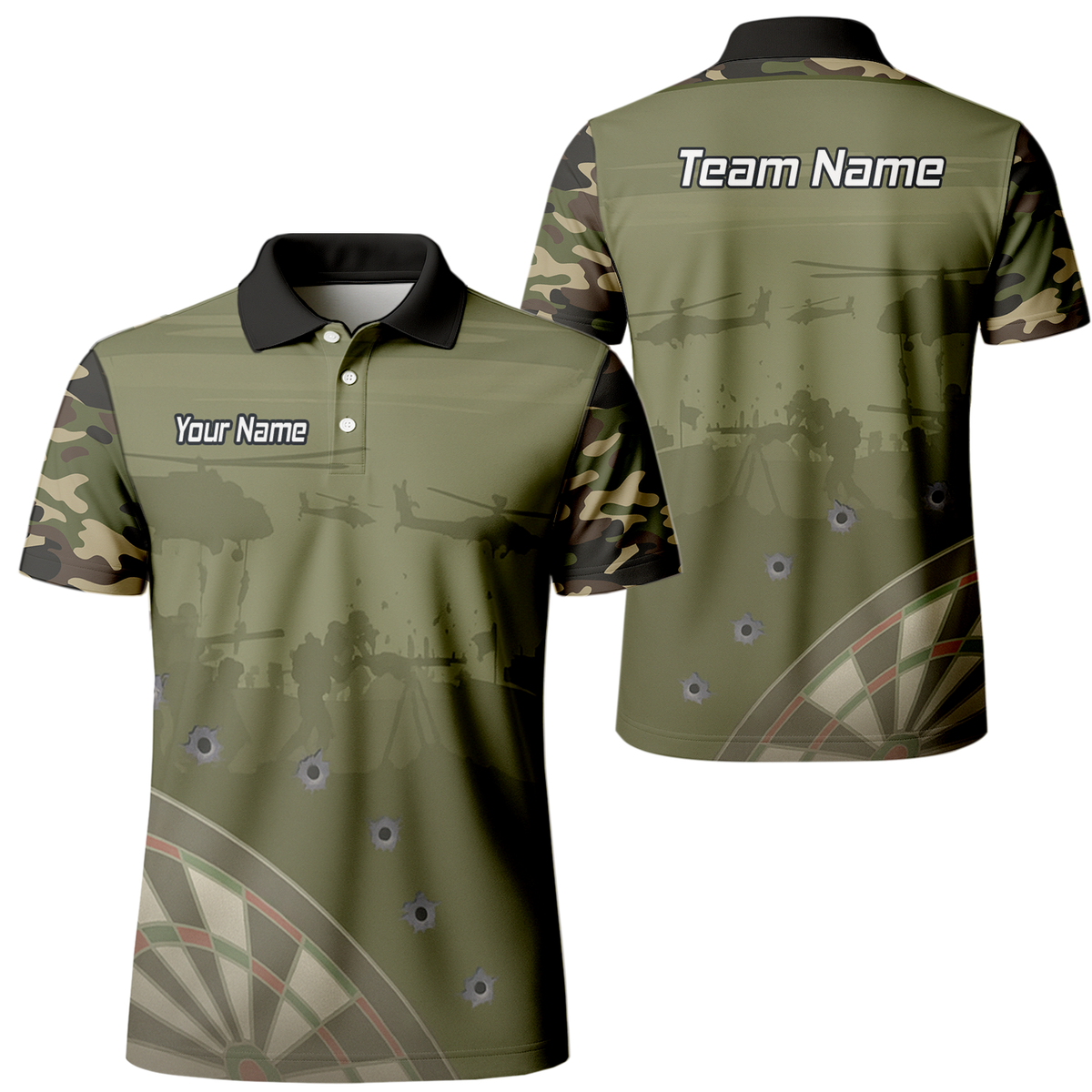 Personalised Warzone Camo Darts Polo Shirt Olive Green with Bullet Holes for Men N6504 main image - polo No