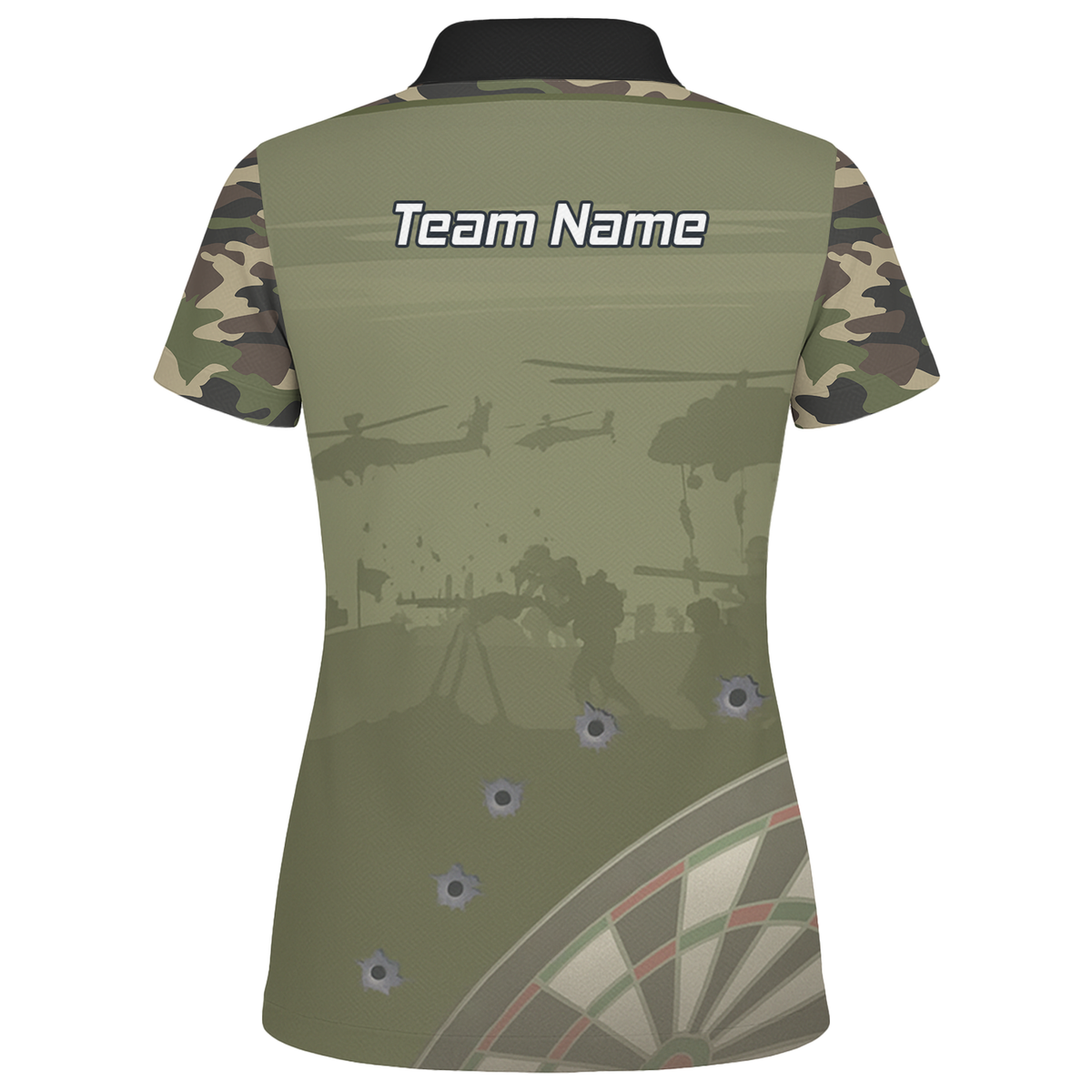 Personalised Warzone Camo Darts Polo Shirt Olive Green with Bullet Holes for Men N6504 additional image 2