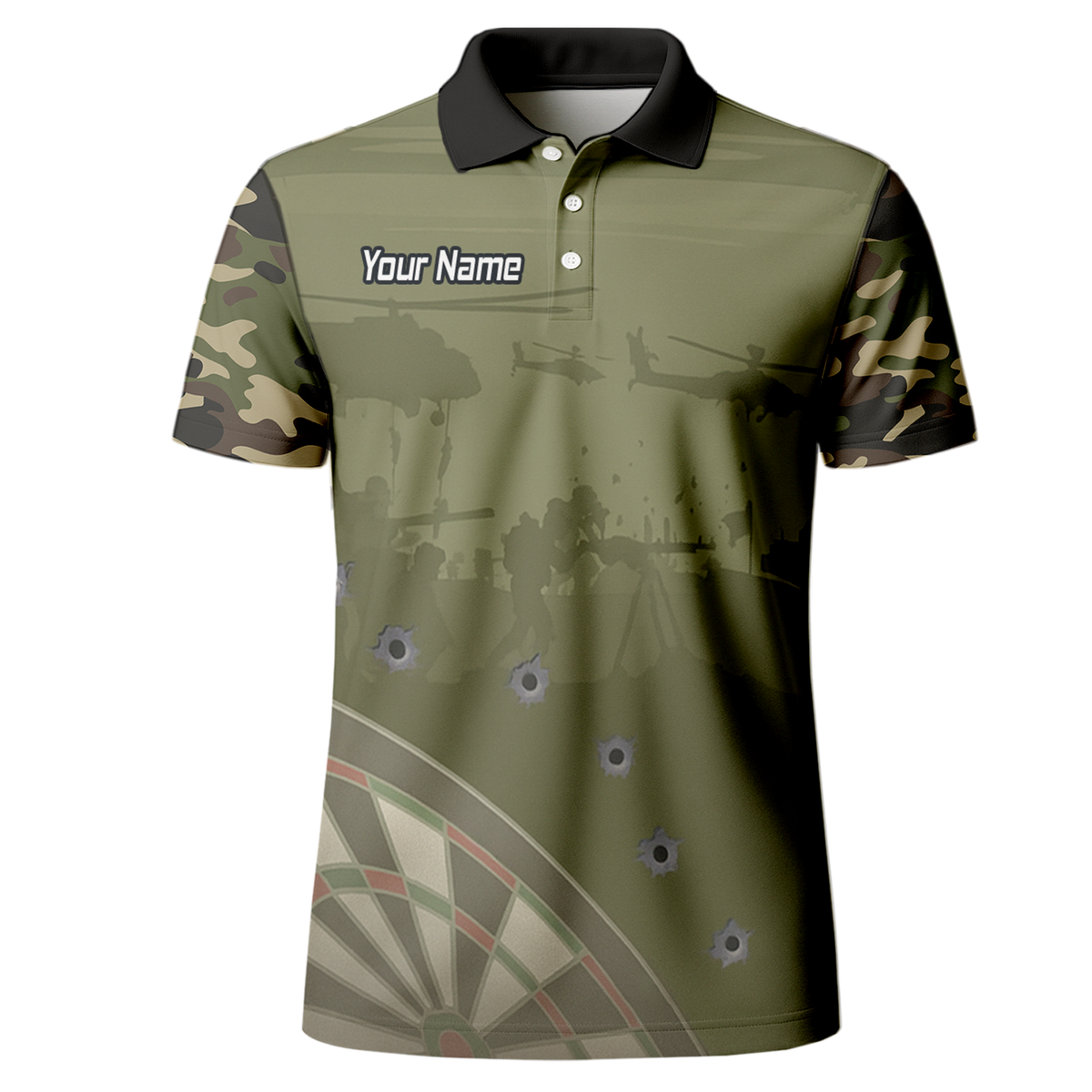 Personalised Warzone Camo Darts Polo Shirt Olive Green with Bullet Holes for Men N6504 additional image 2