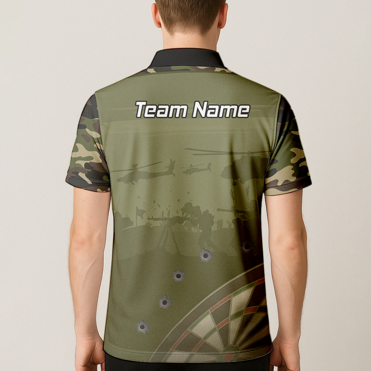 Personalised Warzone Camo Darts Polo Shirt Olive Green with Bullet Holes for Men N6504 additional image 5