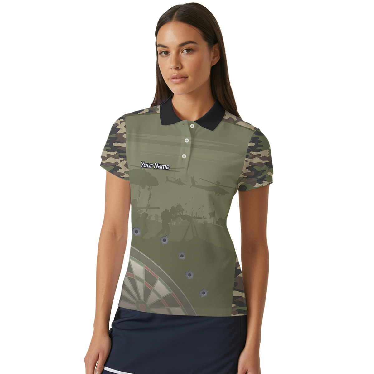 Personalised Warzone Camo Darts Polo Shirt Olive Green with Bullet Holes for Men N6504 additional image 4