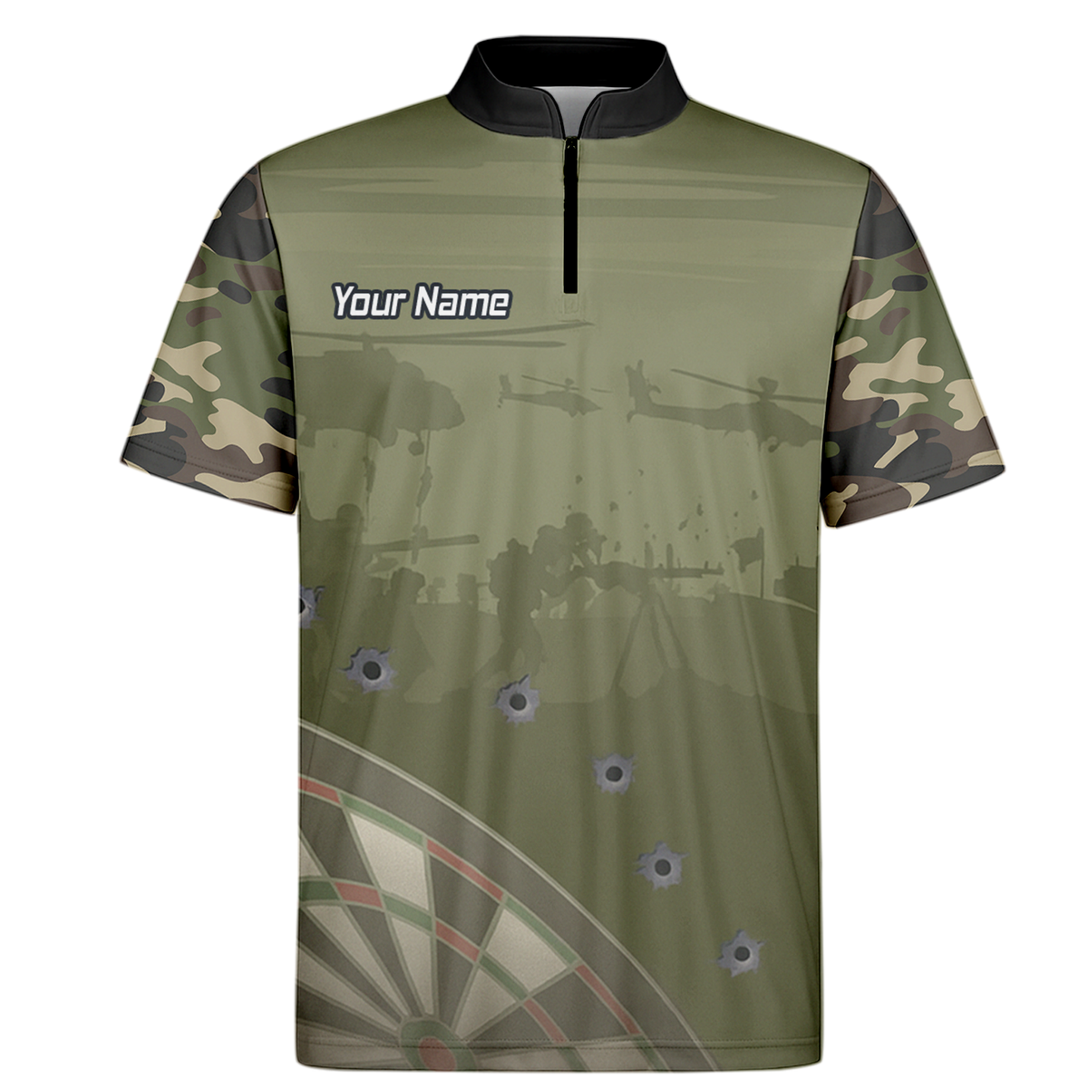 Personalised Warzone Camo Darts Polo Shirt Olive Green with Bullet Holes for Men N6504 additional image 6
