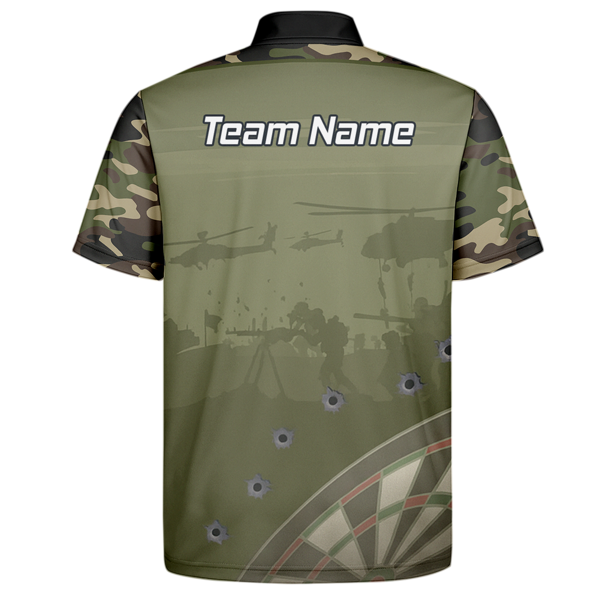 Personalised Warzone Camo Darts Polo Shirt Olive Green with Bullet Holes for Men N6504 additional image 7
