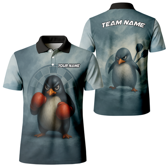Personalized Boxing Penguin Dart Polo Shirt for Team or Player Name, Grey Blue Red main image - polo, Pocket No