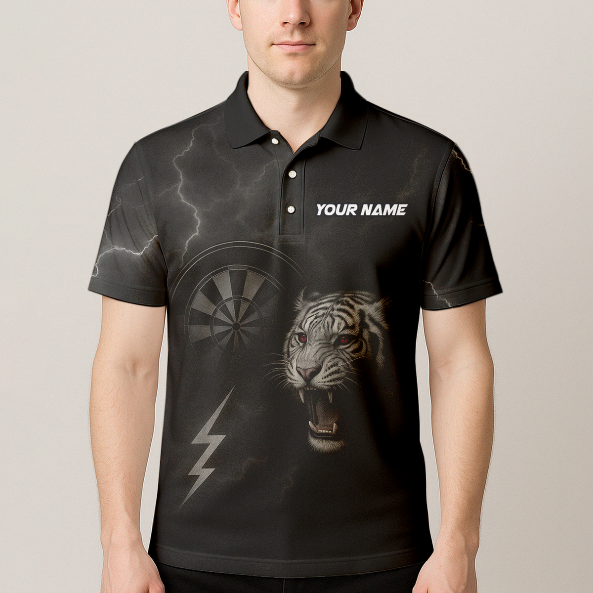 Custom Roaring Tiger Lightning Dart Jersey Polo Shirt Black Red Eyes additional image 4