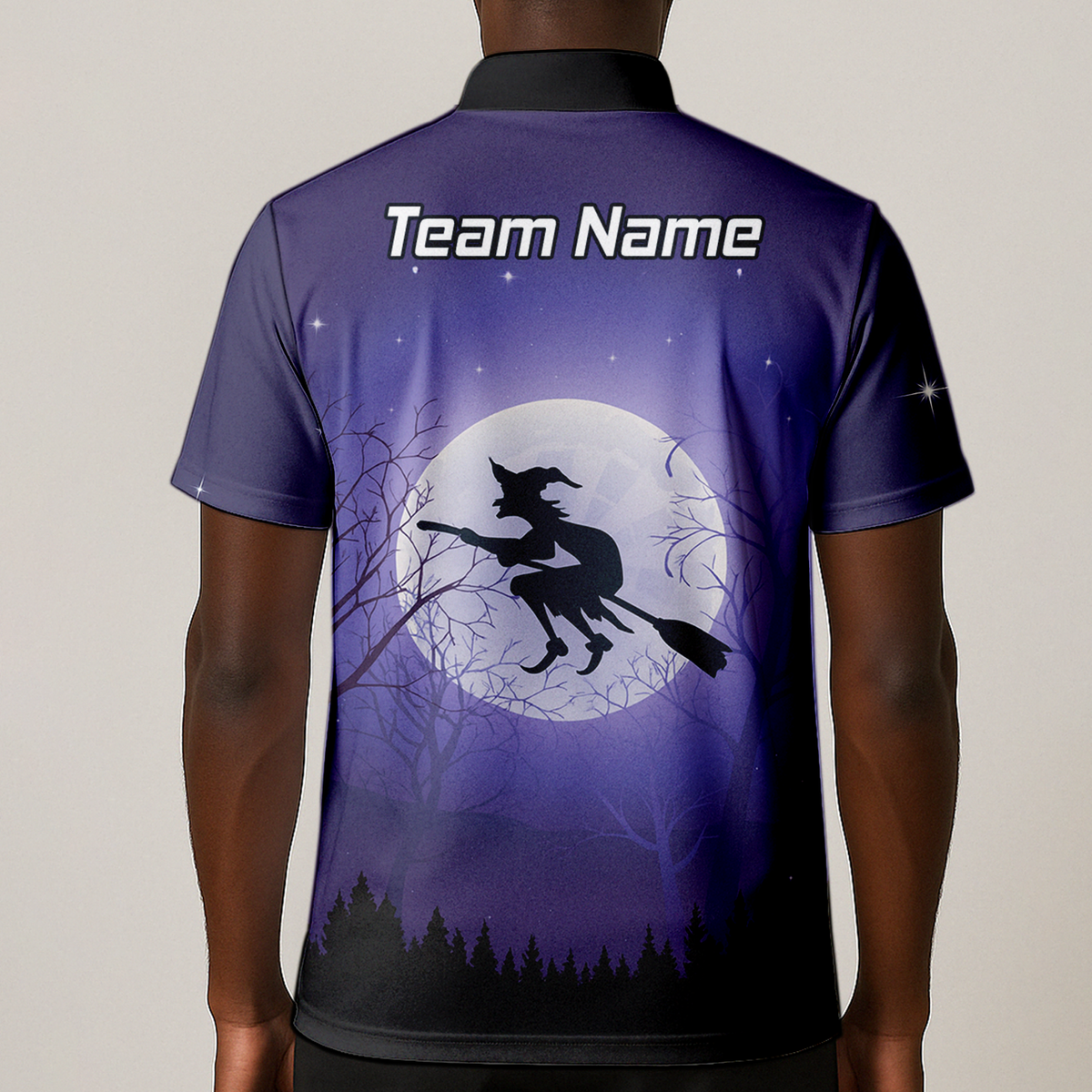 Personalised Witch Flying Moon Darts Polo Shirt Purple Black For Men J5877 additional image 1