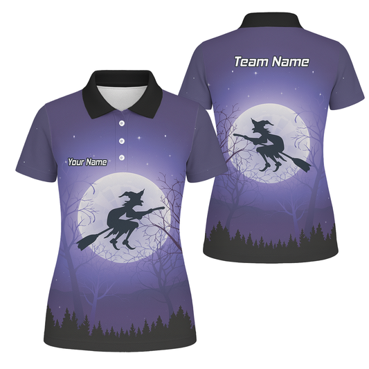 Personalised Witch Flying Moon Darts Polo Shirt Purple Black For Men J5877 main image - polo No