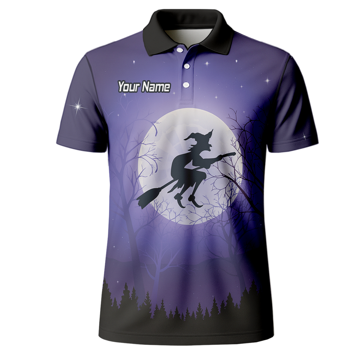 Personalised Witch Flying Moon Darts Polo Shirt Purple Black For Men J5877 additional image 2