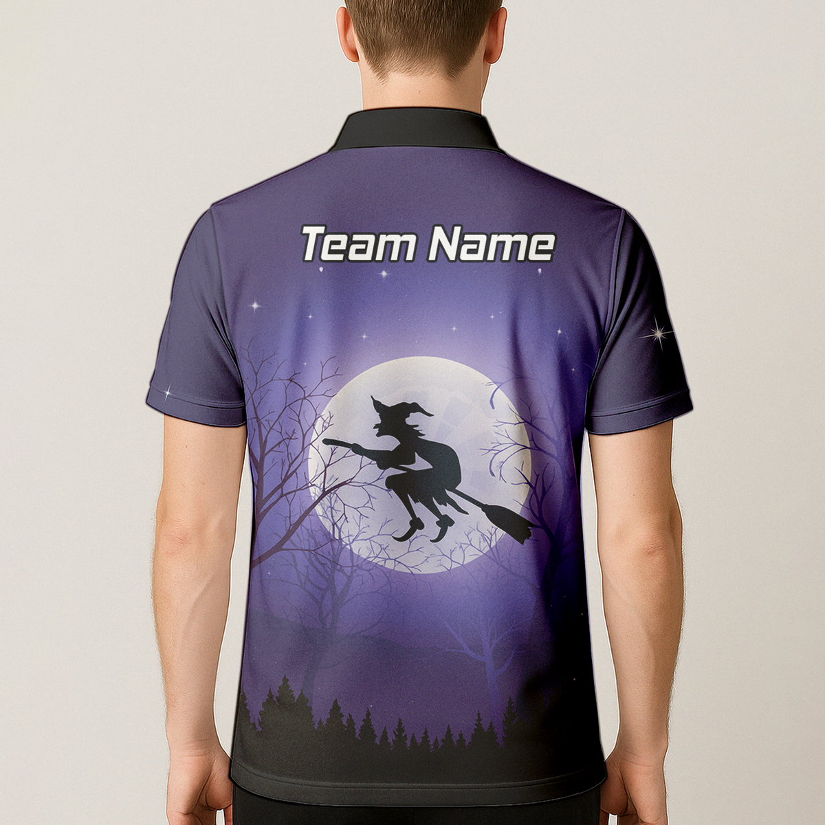 Personalised Witch Flying Moon Darts Polo Shirt Purple Black For Men J5877 additional image 5