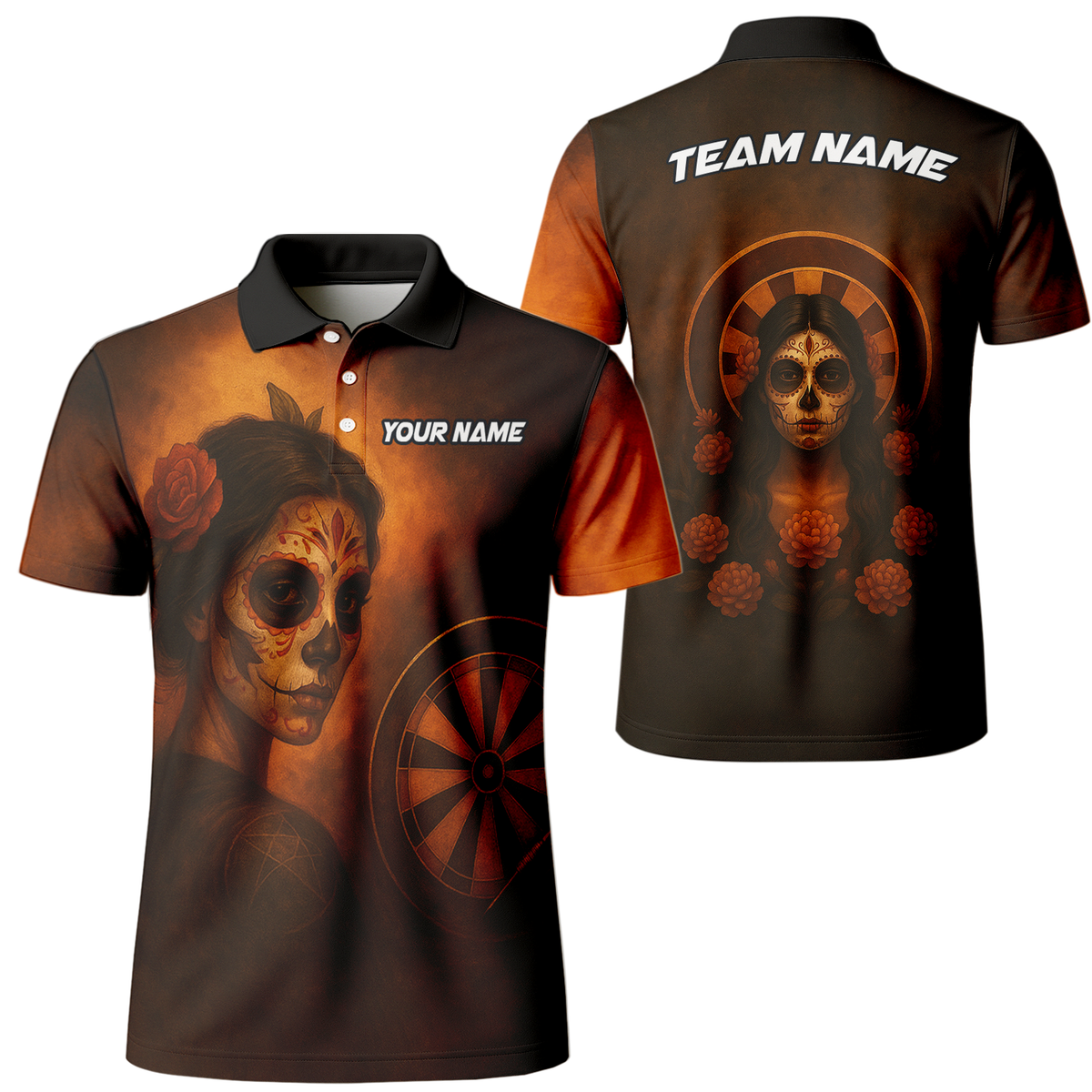 Personalized Day of the Dead Sugar Skull Darts Polo Shirt Brown Orange main image - polo, Pocket No