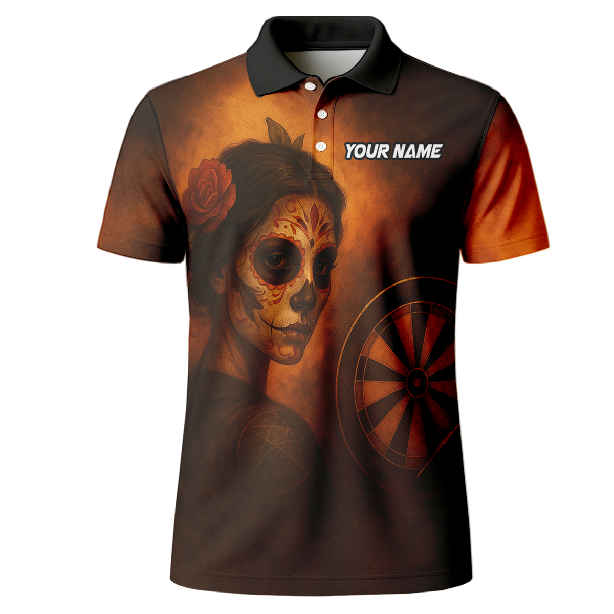 Personalized Day of the Dead Sugar Skull Darts Polo Shirt Brown Orange additional image 2