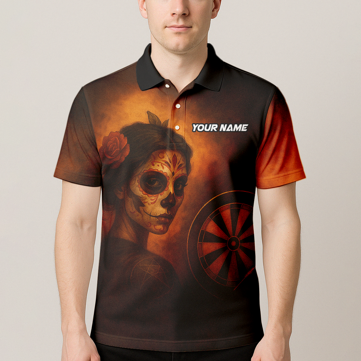 Personalized Day of the Dead Sugar Skull Darts Polo Shirt Brown Orange additional image 4