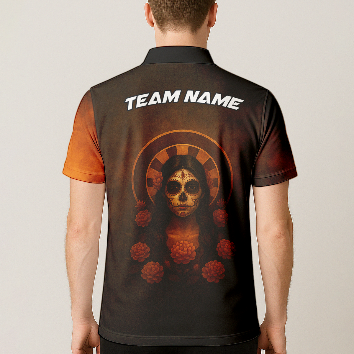 Personalized Day of the Dead Sugar Skull Darts Polo Shirt Brown Orange additional image 5
