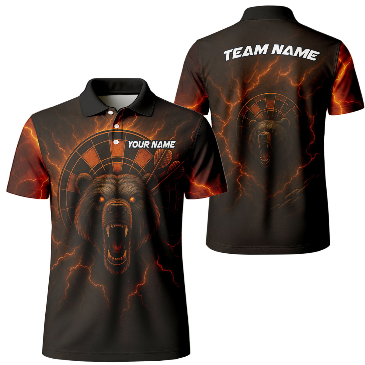 Personalized Fiery Bear Lightning Dart Polo Shirt Black Red Orange main image - polo, Pocket No