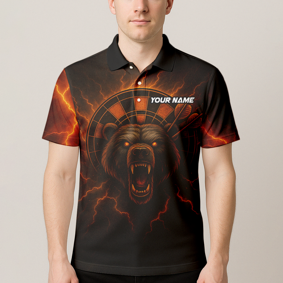Personalized Fiery Bear Lightning Dart Polo Shirt Black Red Orange additional image 4